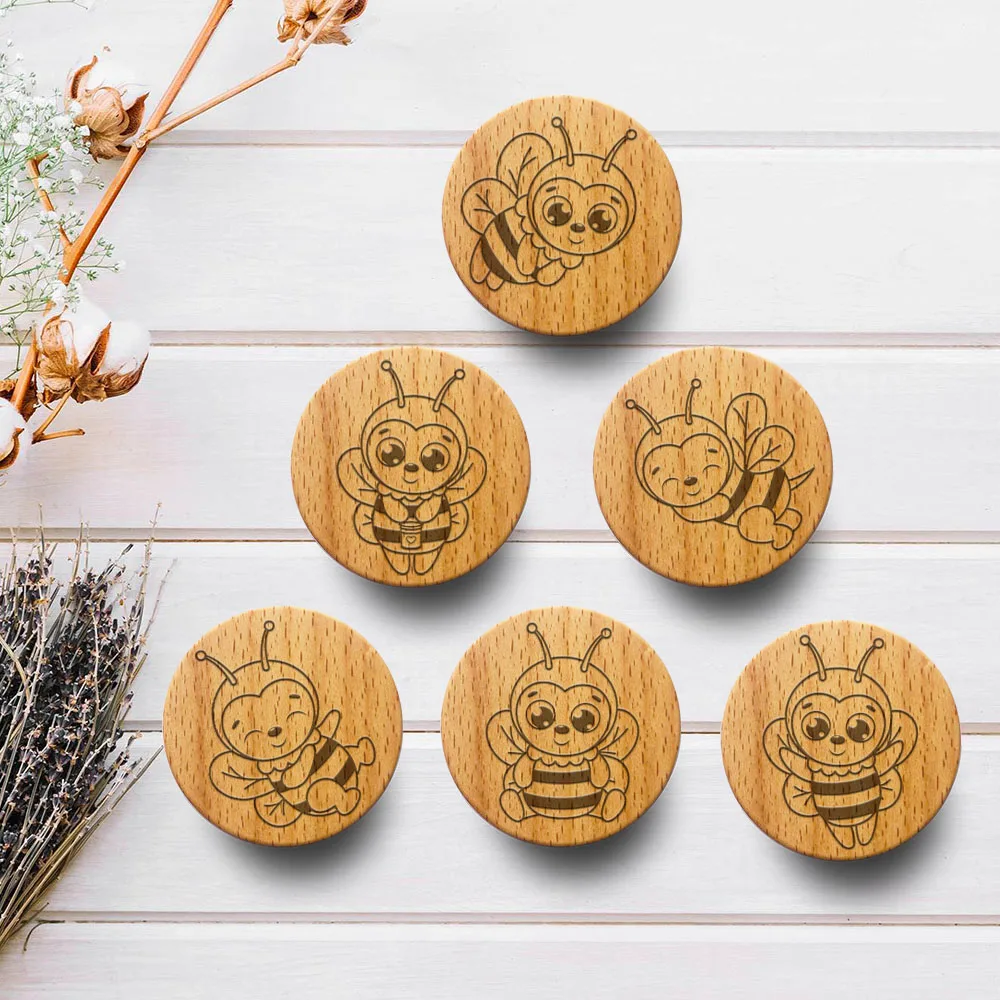 

New Engraved Bumble Bee Wooden Drawer Knob Boho Nursery Cabinet Pulls Nature Wood Clothes Wall Hangings Hooks Furniture Handles