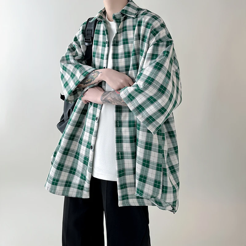 

Hybskr Summer Plaid Short Sleeve Shirt Men's Loose Korea Style Turn Down Collar Casual Blouses Streetwear Check Coat Shirts