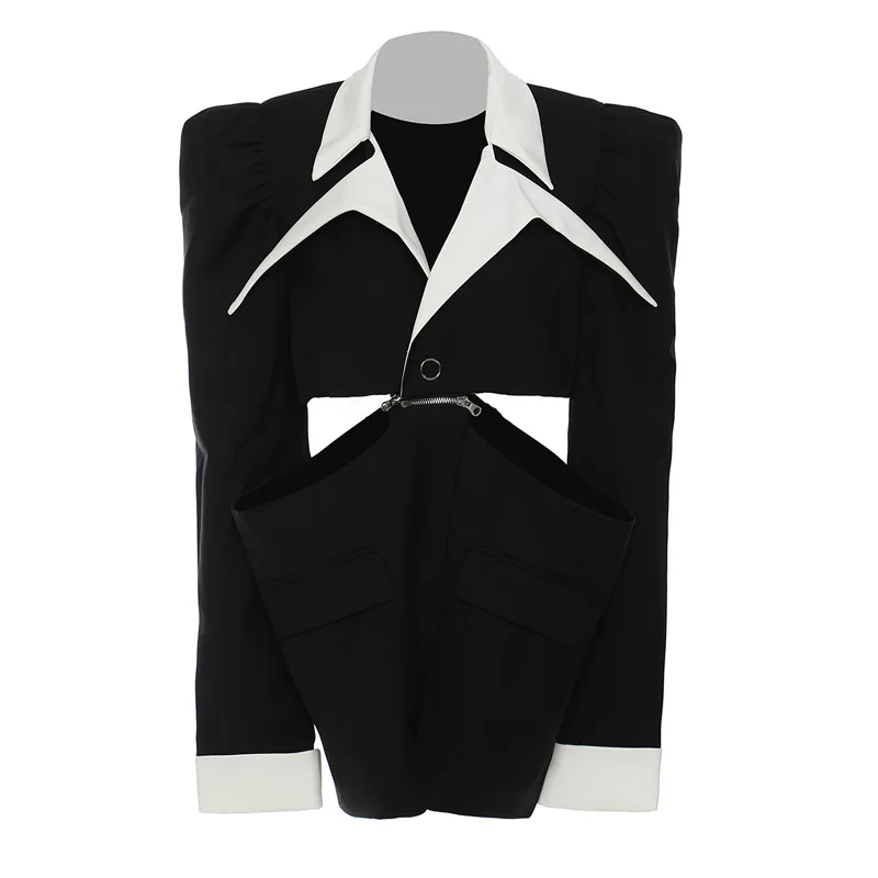 

Zipper Connected Cut Out Fashion Detachable Crop Blazer Black And White Patchwork Short Jacket Coat For Women 2022