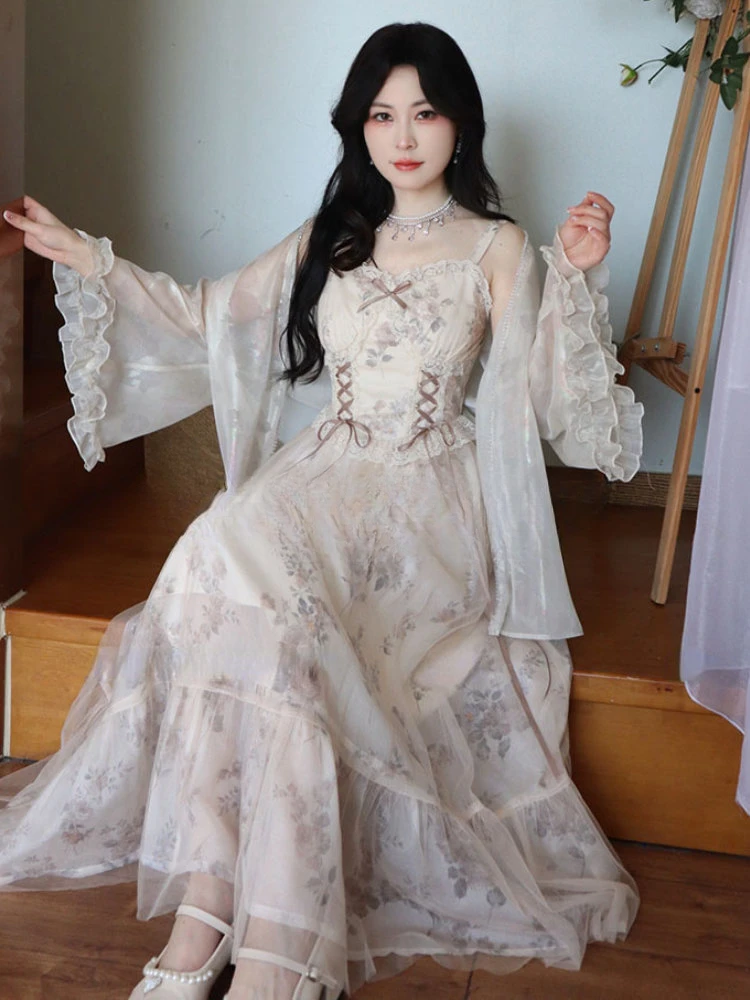 Винтажное элегантное Цветочное платье женское милое Сетчатое на бретелях с