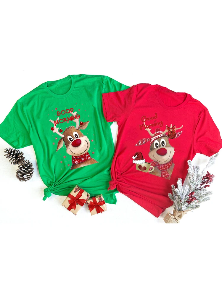 

Cute Christmas Deer Good Morning Women Aesthetic Graphic Tees Female Short Sleeve Harajuku T Shirts Xmas Clothes Camisetas Mujer