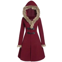 autumn spring women fur collar hooded jackets vintage solid female long wool coat windbreaker outwears casual jacket red black