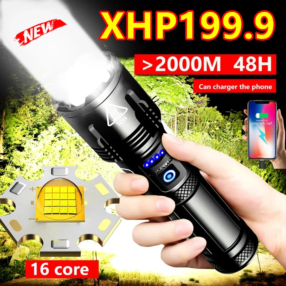 2000000 LM Super XHP199 Most Powerful Led Flashlight XHP120 High Power Torch Rechargeable Tactical Flashlight USB Camping Light