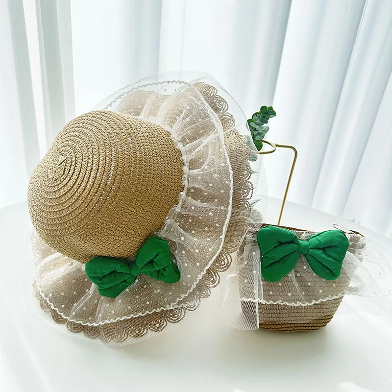 

Girls children's hat large wide-brimmed straw sunscreen beach hat color summer floppy bucket hat portable handbag sun hat
