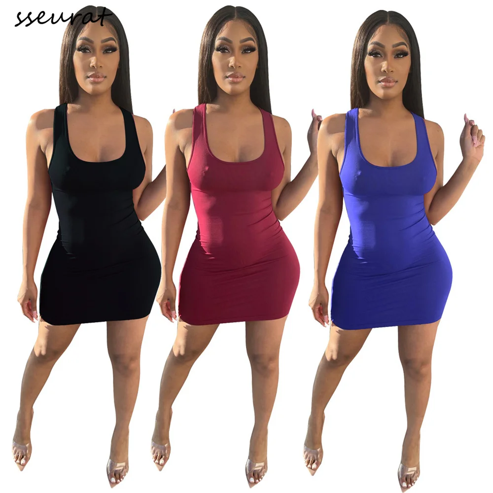 

Женское платье с низким вырезом SSEURAT, облегающее мини-платье без рукавов, повседневное элегантное облегающее платье-футляр на лето