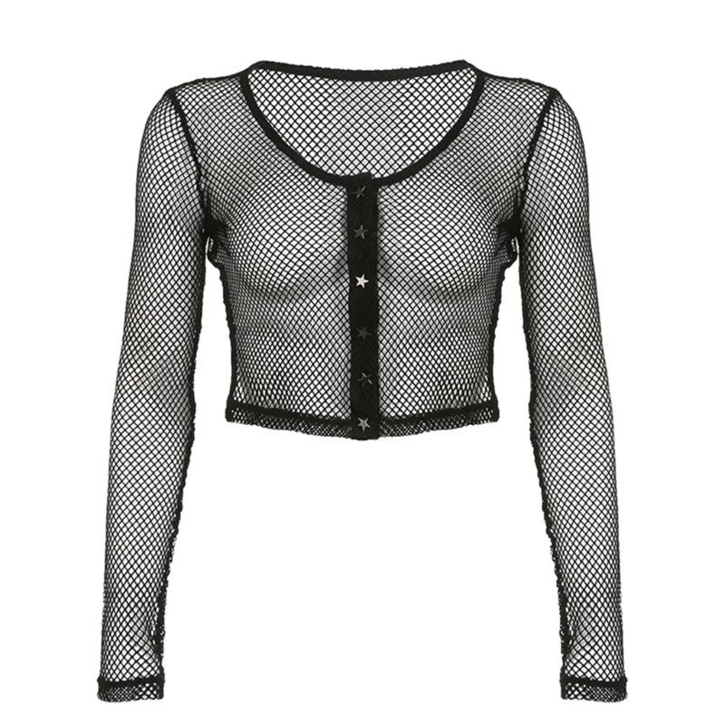 

See Through Fishnet Tshirt Tops for Womens Long Sleeve Sheer Mesh Crop Tops
