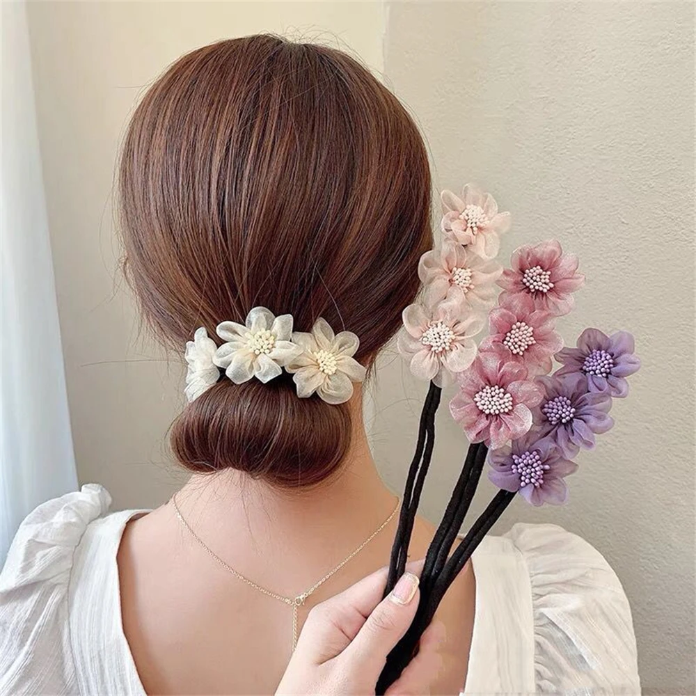 

Elegant Fashion Yarn Flower Hairpin Bun Maker Twist Headband Lazy Hair Accessories Women Meatball Head Hair Curler Hair Stick