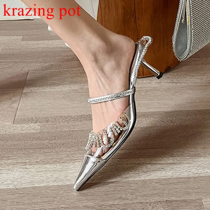 

Женские туфли Krazing Pot из пластика, с острым носком, серебристого цвета, на тонкой шпильке, яркие мюли с кристаллами, железная обувь