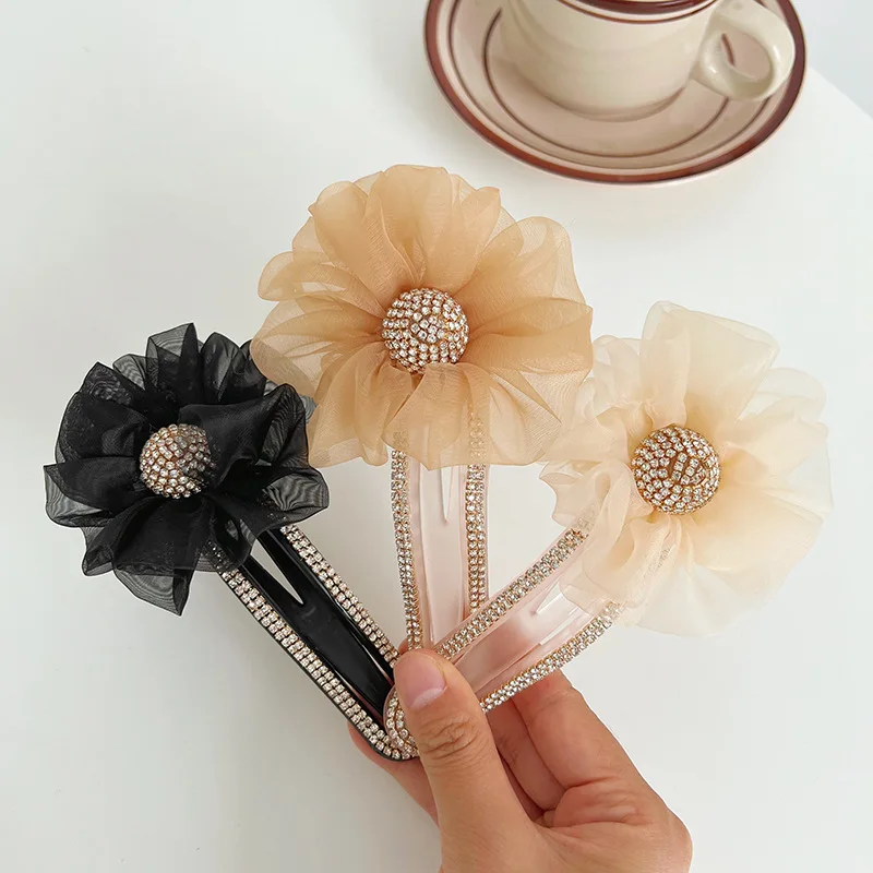 

Корейский зажим для волос в виде цветка банана, крупные зажимы для волос с кристаллами, вертикальный зажим для конского хвоста, зажим для ак...