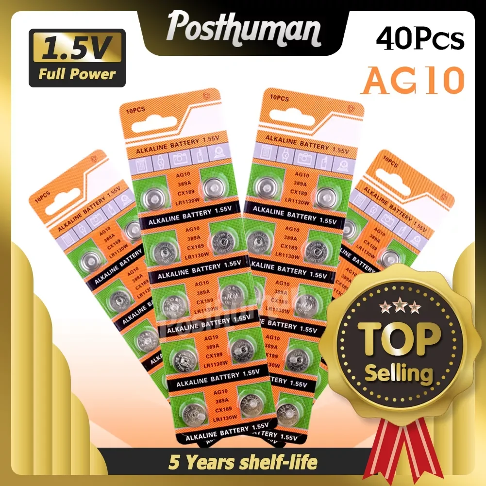 

NEW2023 40Pcs 1.55V AG10 LR1130 Alkaline Cell Coin Battery AG 10 SR54 189 389 SR1130 L1131 G10A Button Batteries For Watches Toy