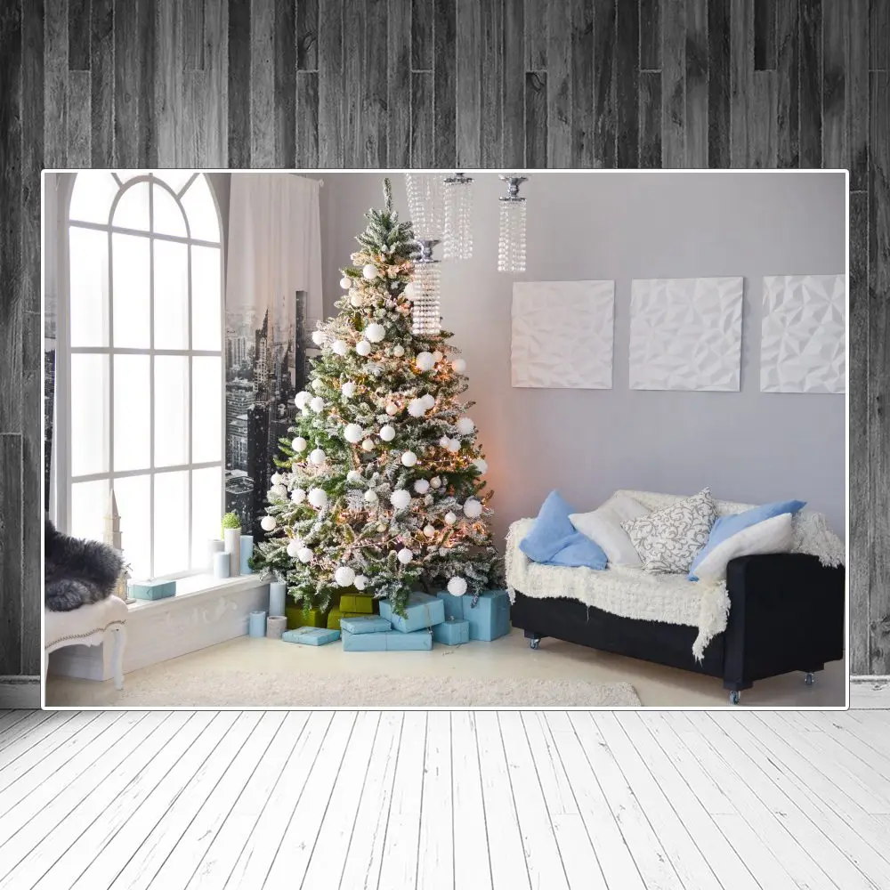 

Christmas Tree Gift Sofa Bay Window Room Interior Photography Backgrounds Custom Baby Party Decoration Photo Booth Backdrops