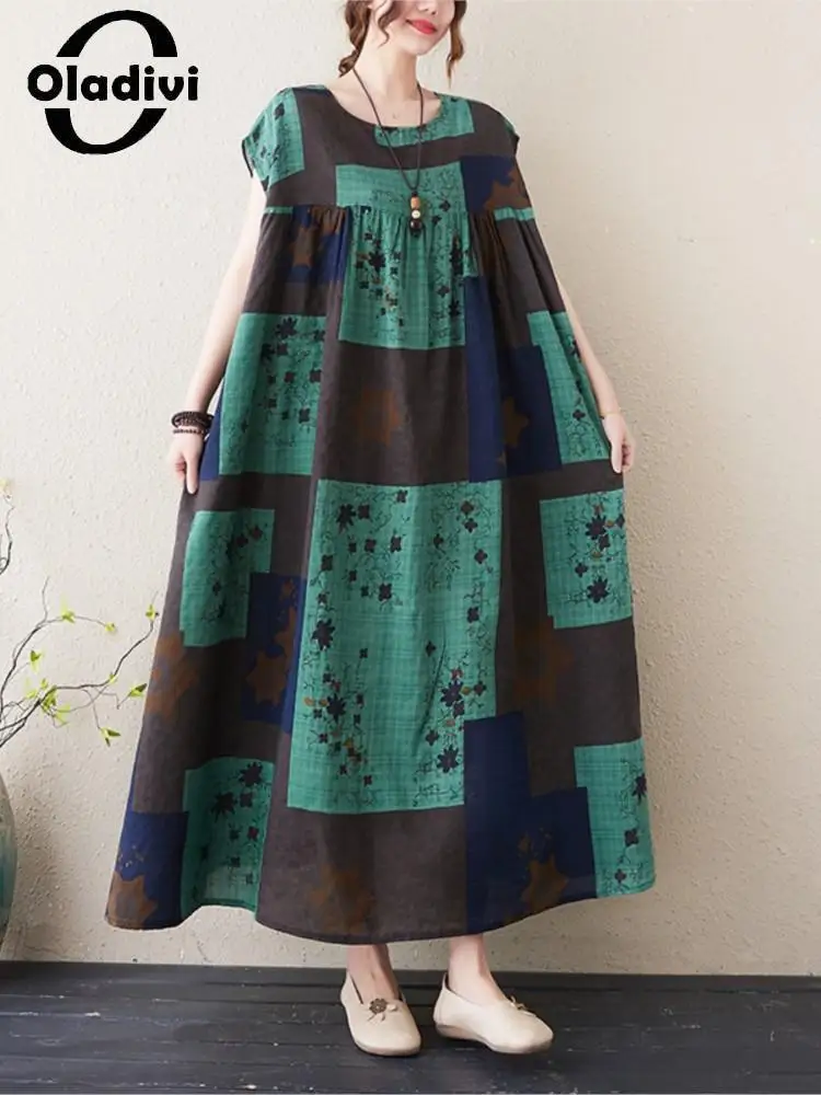 

Oladivi Oversized Cotton Dress for Women Large Size Fashion Print Short Sleeve Casual Loose Long Dresses 2022 Summer Tunics 5204