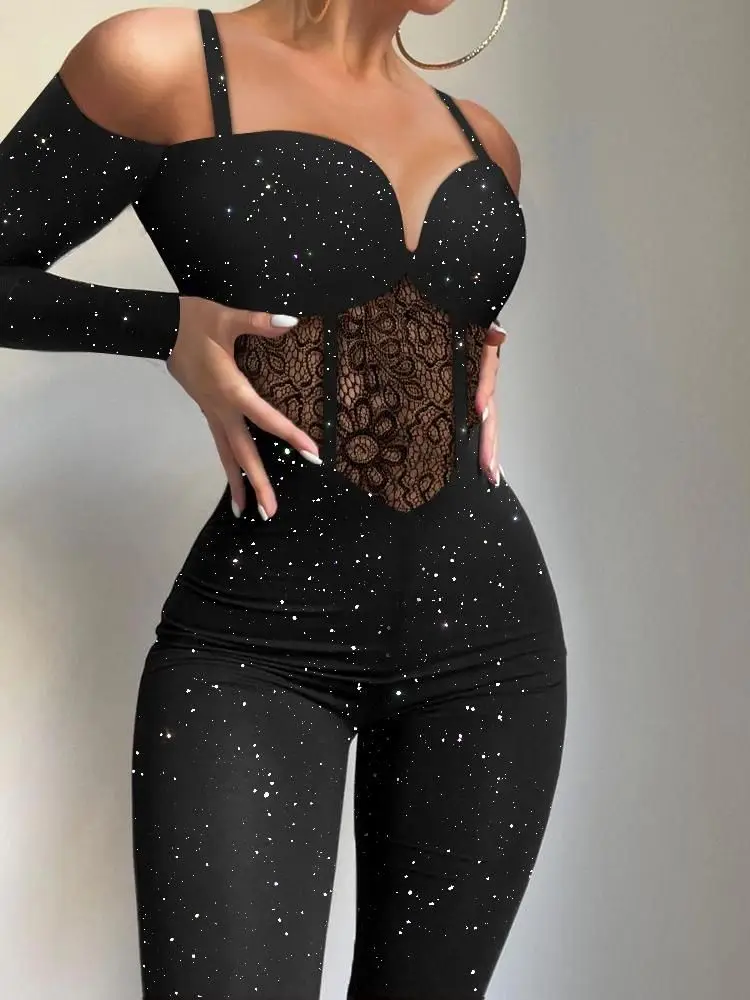 

Sexy Long Sleeve Low Cut See Through Night Out Party Black Dress Glitter Cold Shoulder Contrast Lace Corset Jumpsuit