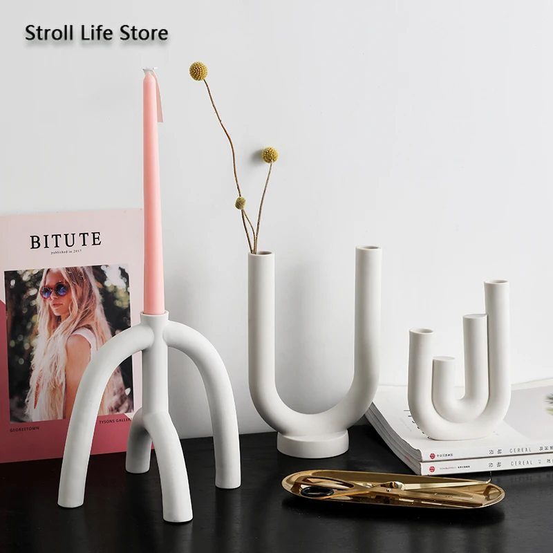 nordic creative ceramic candlestick white candle holders water pipe modern living room candle stand home ornament gift fc455 free global shipping