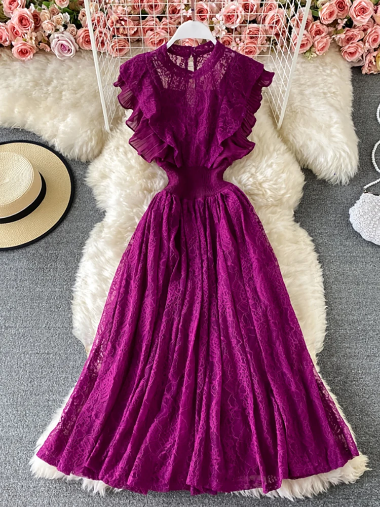 

Женское винтажное Кружевное платье миди, фиолетовое/зеленое/Красное Облегающее Платье с круглым вырезом и оборками, весна-осень 2021