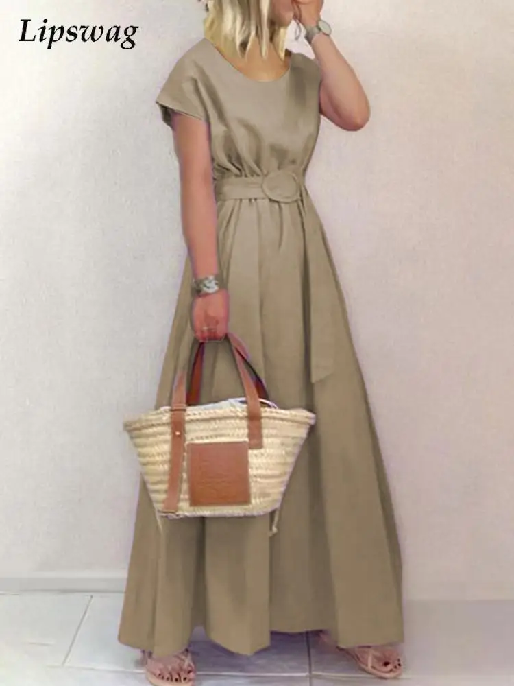 

Женское винтажное платье макси, однотонное вечернее платье с круглым вырезом и коротким рукавом, офисное элегантное свободное платье на шн...