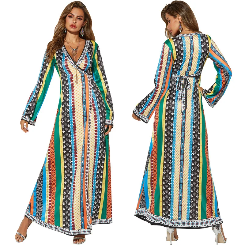 

Women African National Print Floor Length Dress Female Long Sleeve V-neck Print Long Maxi Dresses Vintage Long Dress Party 2021