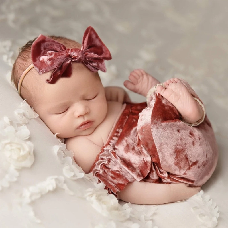 

Photo Shoot Hairband Set Infant Princess Photos Costume Newborn Photography Prop Outfits Girl Gold Velvet Outfit Baby