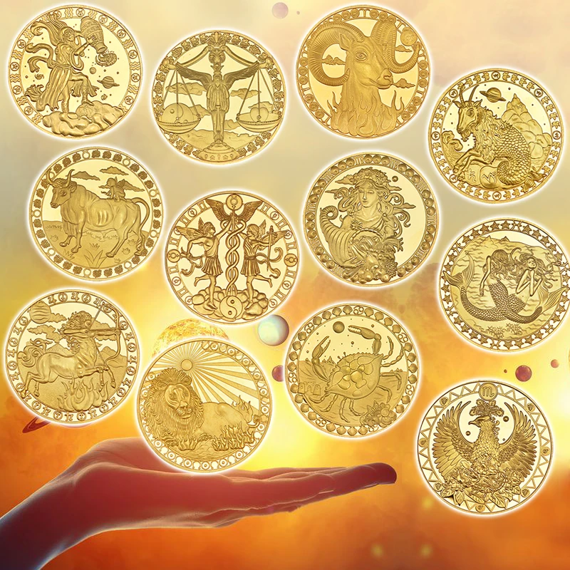 

Монеты двенадцать созвездий, позолоченные памятные монеты в коробке Gitf, Сувенирный набор со знаками Зодиака, домашний декор, коллекционный подарок