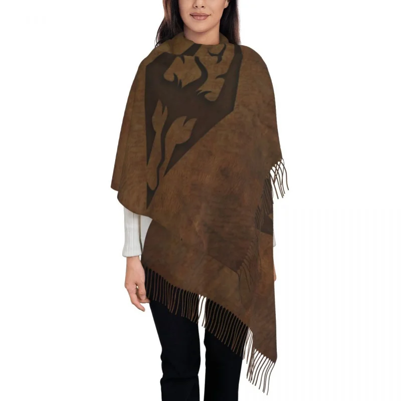 

Stylish Skyrim Worn Leather Emboss Tassel Scarf Women Winter Warm Shawl Wrap Lady Video Games Scarves