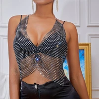 shiny crystal hollow out fishnet grid t shirt for female sexy glitter rhienstone sleeveless v neck nightclub party jewelry 2022
