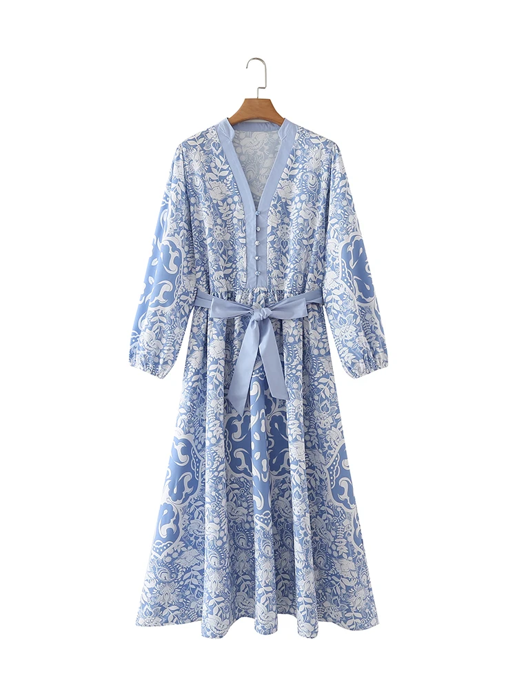 

Women Long Sleeve V-neck Buttons Bohemian Dress Floral Print A-line Midi Dresses With Sashes 2022 jurken