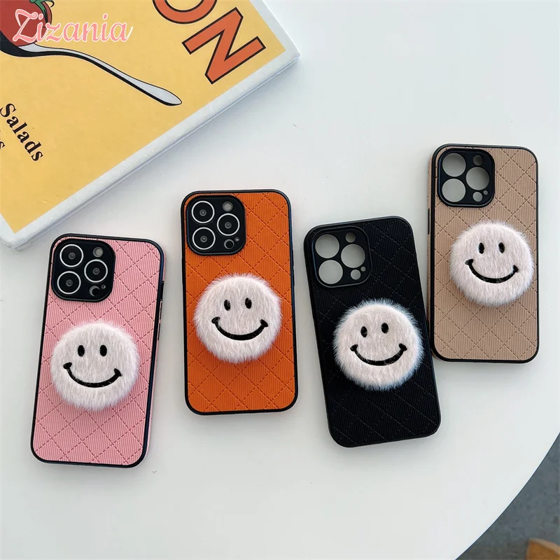 

Lovely Cute Fashion Lingge Plush Smiley Phone Case For iPhone 13 12 11 Pro XS Max X XR 8 7 Plus Shockproof Cover Friend Gift New