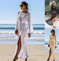 crochet bikini cover up with fringe trim women sexy hollow tunic beach dress 2022 summer bathing suit beachwear