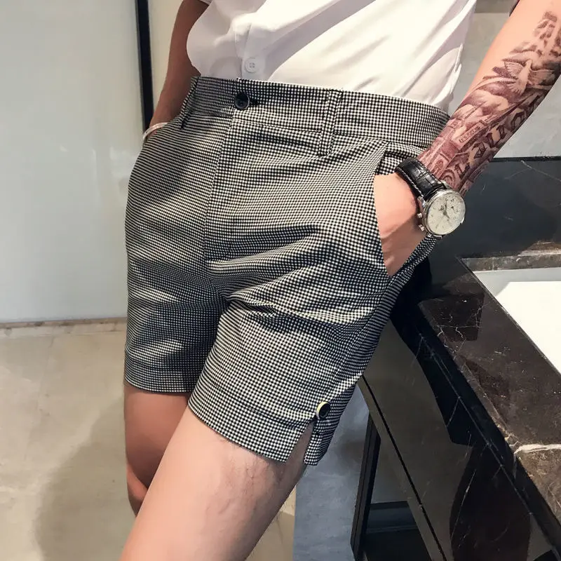 

Men's 2022 Summer New Fashion Slim Plaid Casual Shorts Male Shorts Straight Button Work Trousers Shorts Men Short Homme G27