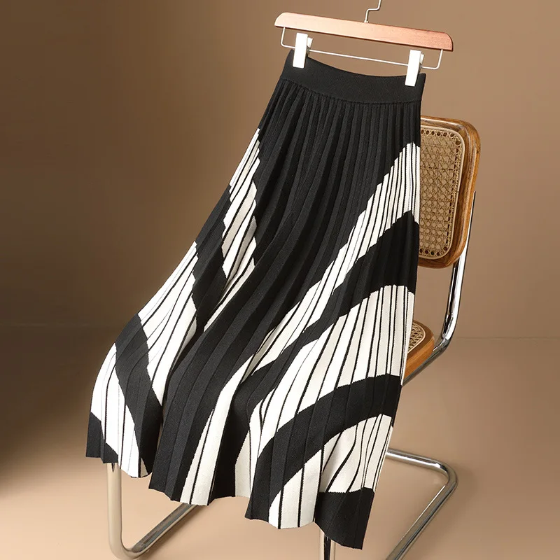 Skirt 2022 Trend Women Korean Fashion Geometric Aesthetic High Waist Midi Long Pleated A Line Skirt Female