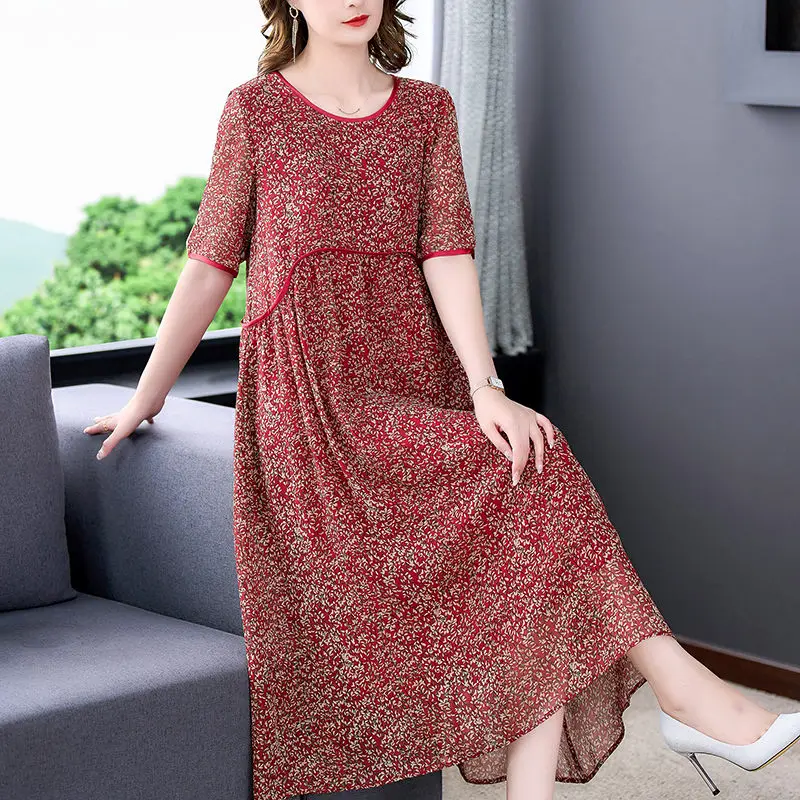 

Large Size Mulberry Silk Floral Dress Women's Summer 2022 New High End Chic Short Sleeve Casual Retro Korean Clothing h1240