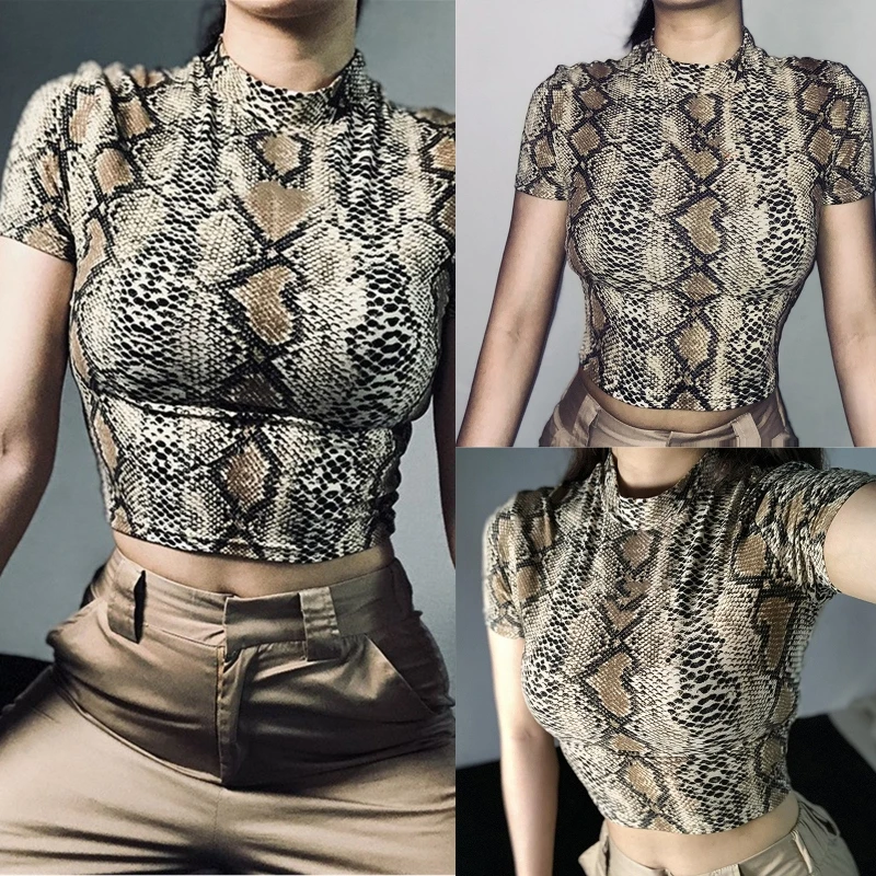 

Summer Ladies Casual Top Snakeskin Pattern Half Turtleneck Short Sleeve T-shirts