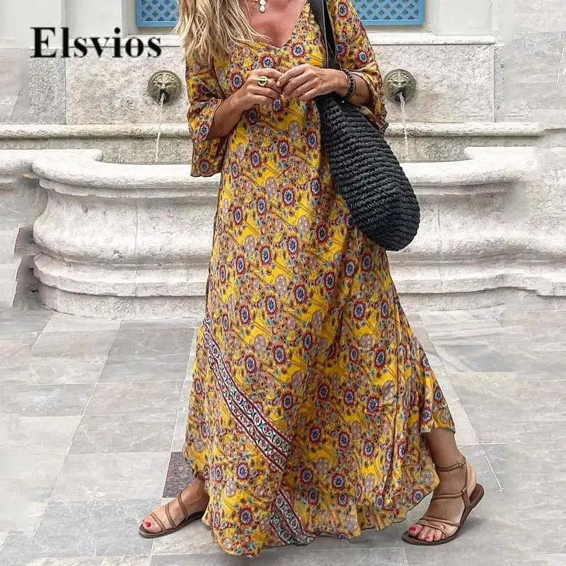

Summer Vintage Print Vacation Style Beach Dress Fashion V Neck Lady Long Party Dress Casual Women Flare Sleeve Loose Boho Dress