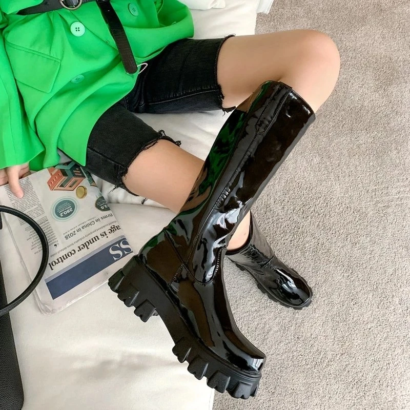 Bright Leather High Waterproof Platform Inner Heightened Round Toe Over The Knee-Length Boots Patent Leather Flat Heel Platform