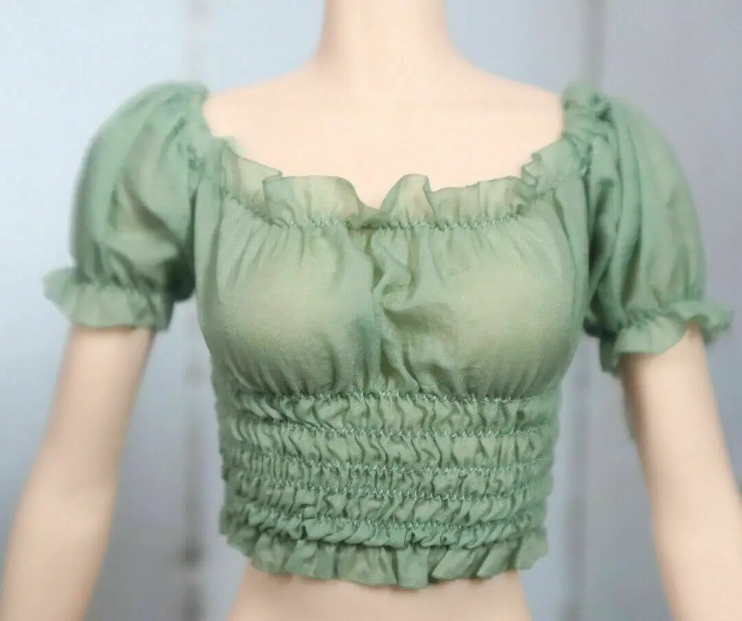 

Green 1/6th Female Soldier Puff Sleeves Pleated Tops Model for 12" Tbl Ph Body