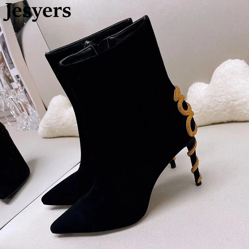 

Женские детские замшевые ботильоны Стразы с острым носком на тонком высоком каблуке со змеиным узором женские элегантные вечерние банкетн...