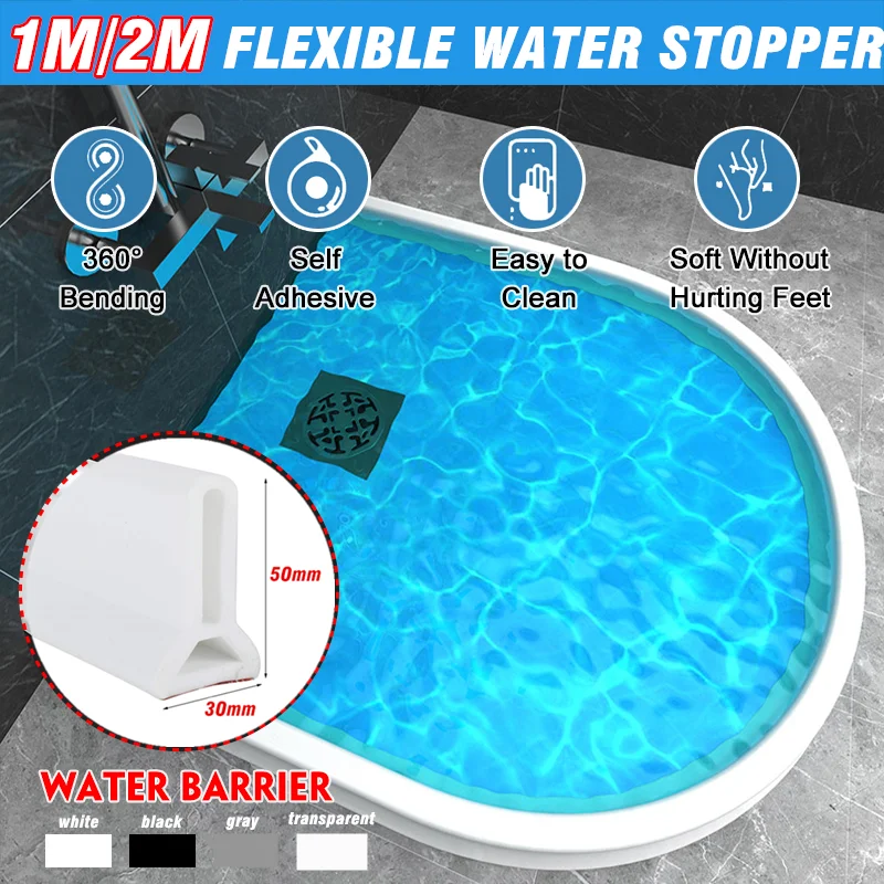 

High 50mm Silicone Bathroom Water Stopper Blocker Shower Dam Non-slip Dry&Wet Separation Flood Barrier Door Bottom Sealing Strip