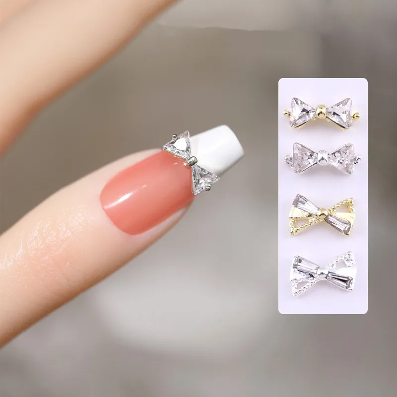 100PC French Nail Bow-Knot Charm Decoration 3D Alloy Glass Rhinestone Metal Bowtie Shaped Jewel Accessories For Nails DIY #T1003