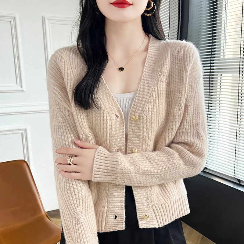 Autumn and Winter Cashmere Knitted Cardigan Women's Solid Color Jacquard Wool Sweater Retro Long Sleeve Coat Top Fash