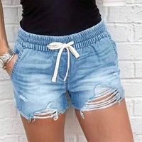 denim shorts summer womens clothing lace up elastic waist sexy jeans washed holes blue tight fitting super shorts 8019