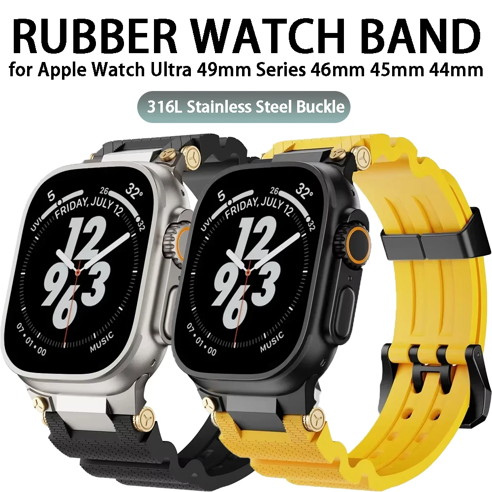 Фото Спортивный резиновый ремешок для Apple Watch, ремешок 49 мм, металлический разъем, ремешок для часов Iwatch 10, 46 мм, 9, 8, 7 6, 6 Se, 45 мм, 44 мм, стальная пряжка 316L №1