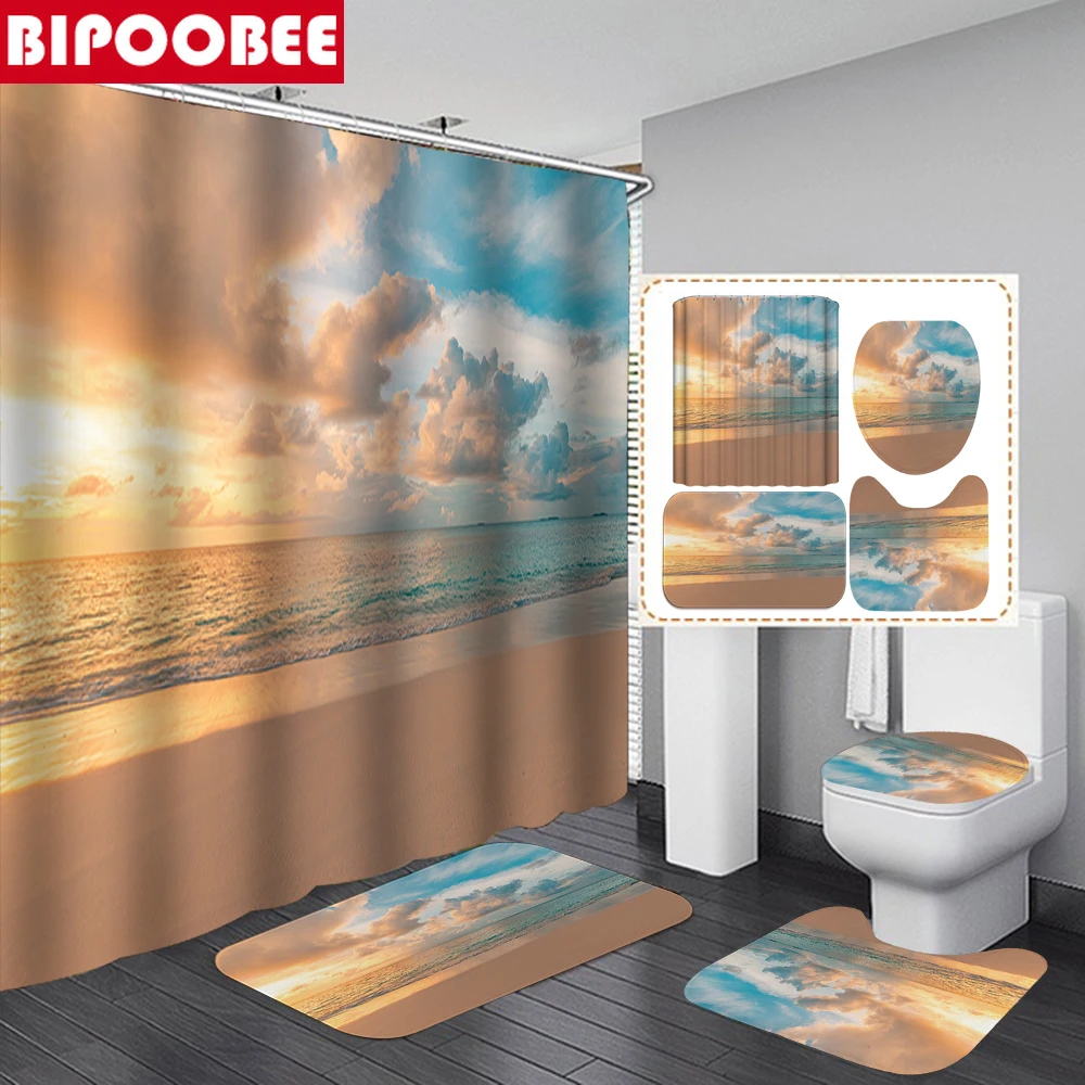 

Sunrise Ocean Sea Scenery Shower Curtain Waterproof Polyester Bathroom Curtains Bath Mats Rugs Toilet Lid Cover Non-slip Carpet
