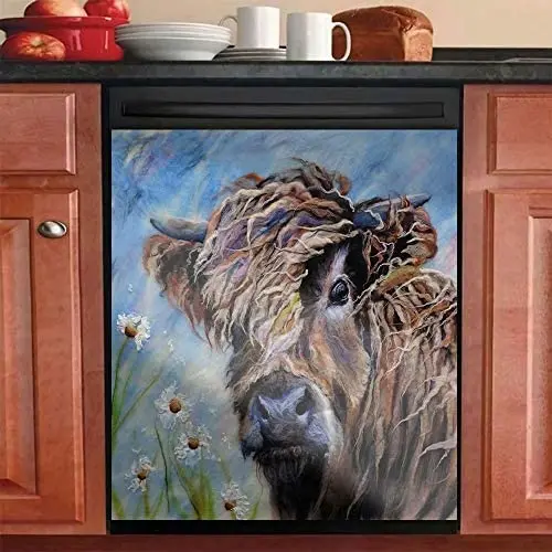 

Beautiful Oil Painting Dishwasher Panel Decal Animal Cow Daisy Vinyl Magnetic Decorative Sticker 23" W x 26" H
