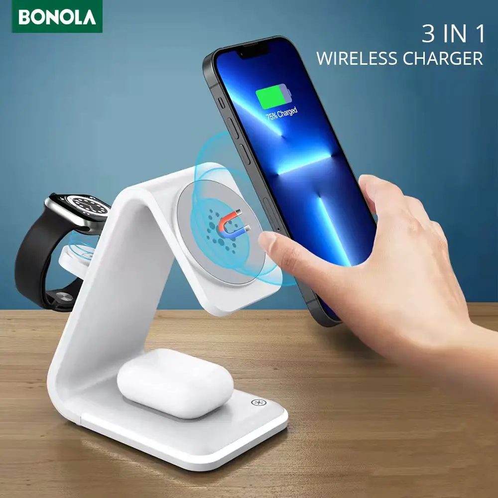 

Bonola 3 in 1 Magnetic Wireless Charger Stand for iPhone 13 12 Pro 15W Magnet Phone Chargers for Apple Watch 7 6/Airpods Pro 3 2