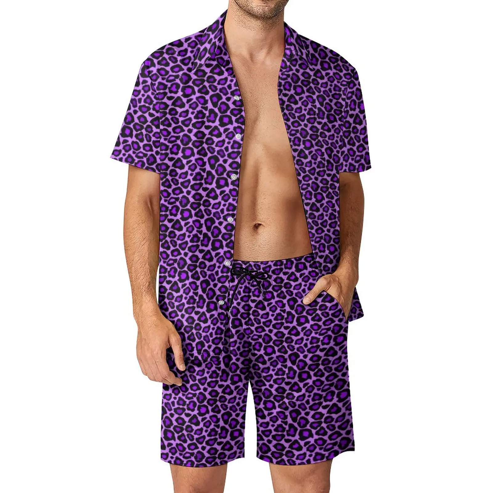 

Purple Leopard Men Sets Animal Print Casual Shirt Set Vintage Vacation Shorts Summer Custom Suit Two-piece Clothes Plus Size