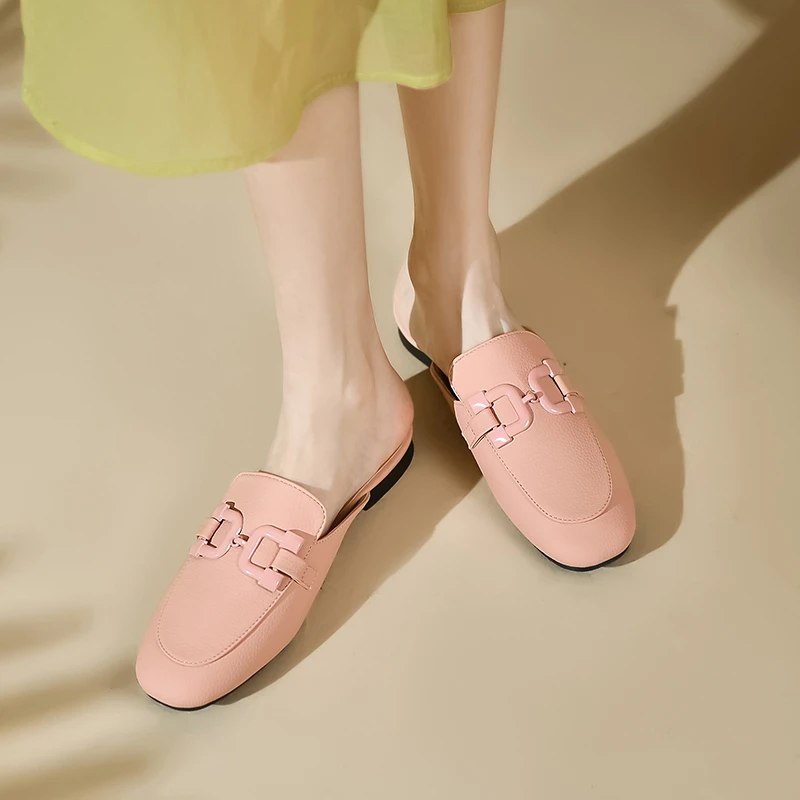 

Женские кожаные туфли без застежки, зеленые однотонные повседневные туфли без каблука, с металлической отделкой, лето 2023