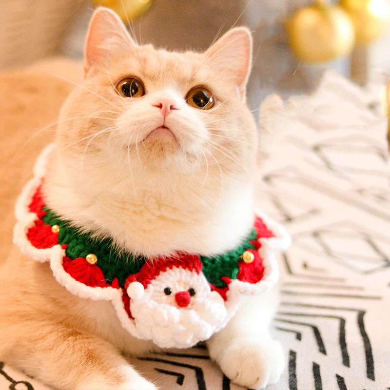 

Santa Cartoon Handmade Cat Bib Collar for Chritmas Dog Necklace Knited Pet Bandana Puppy Decoration Cat Accessories for New Year