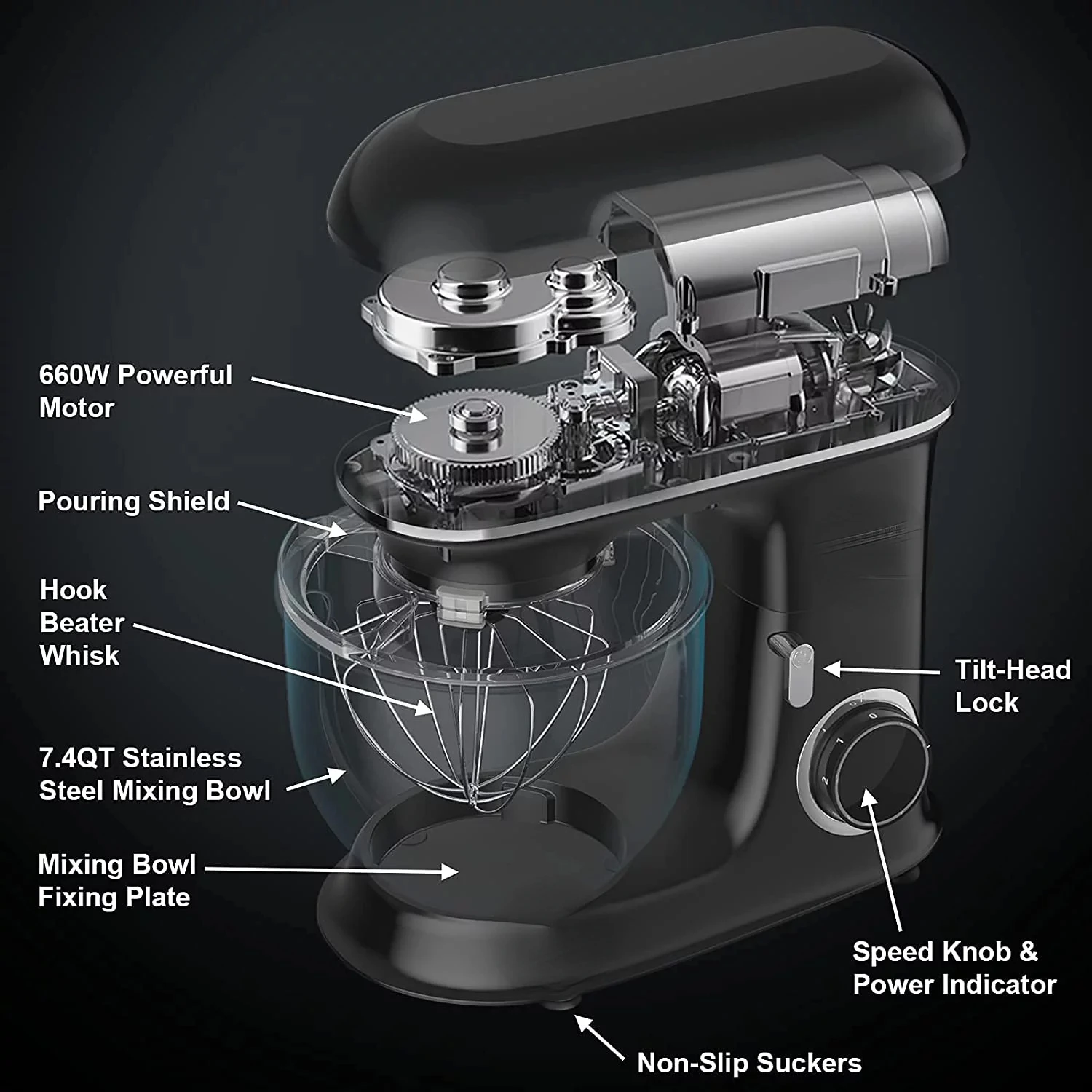 

Mixer, 7.4 Qt. 660W 6-Speed Tilt-Head Food Mixer, Kitchen Electric Mixer with Dishwasher-Safe Dough Hook, Flat Beater, Wire Whip