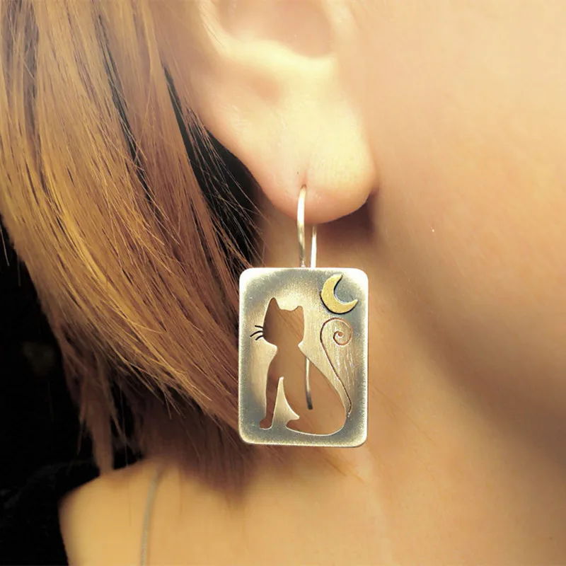 Элегантные прямоугольные серебряные серьги ручной работы с полой кошкой в стиле