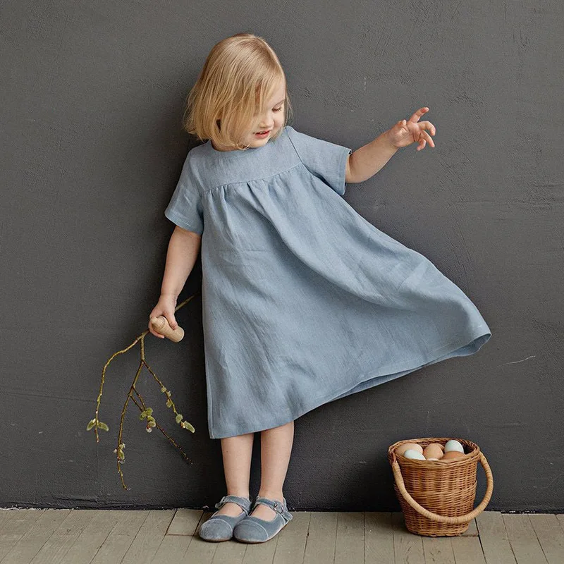 

Simple Basic Summer Dress for Girls A Line Short Sleeve Clothes Children Fashion Cotton Linen Loose Casual Daily Kids Dresses